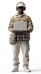 Indian man holding laptop. Entrepreneur startup. Remote freelance. A hyper-realistic 3D render of an Indian man holding an object.