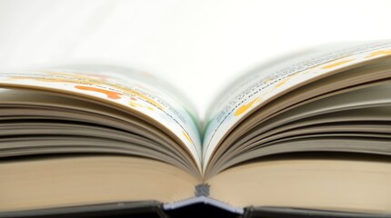 Fototapeta premium An open book lies flat, revealing pages filled with colorful illustrations and text