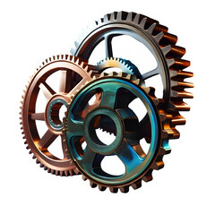 3D shiny and vibrant gears and cogs on white background 
