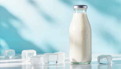 Glass bottle mockup surrounded by ice cubes on a bright blue background for milk, cold brew coffee, or refreshing drinks with copy space