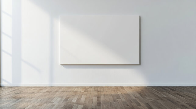 empty canvas on white wall in art gallery with wooden floor exhibtion 3d render illustration mock up template