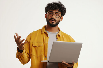 Indian man holding laptop. Entrepreneur startup. Remote freelance. A young Indian tech blogger with a laptop engaged in conversation.