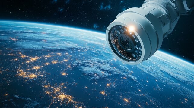 A 3D view of a white security camera rotating in space, with lighting reflecting off its surface 