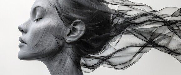 Fototapeta premium Serene woman's face, eyes closed, dark fabric flowing in wind, monochrome.