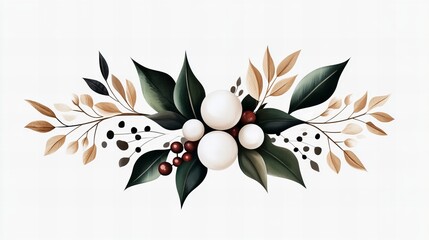 Obraz premium Elegant botanical illustration featuring creamy white spheres nestled amongst deep green leaves and beige branches. Perfect for invitations or home decor.