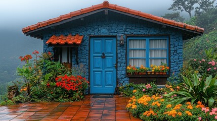 Serene Blue Mountain Cottage in a Misty Landscape