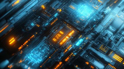 Fototapeta premium abstract futuristic technology background with grey metallic surface technology future concept with warm and blue lighting 3d render illustration