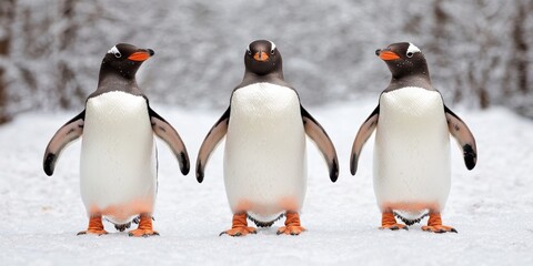 Fototapeta premium Gentoo penguins walking in snowy landscape antarctica wildlife photography serene environment close-up view nature's wonders