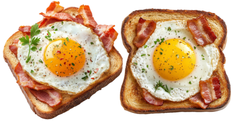 homemade breakfast ideas: 2 tasty grilled / baked sandwiches with piece of bread, egg & different ingredients: bacon & dill; concept of easy to made and healthy meal isolated over white background