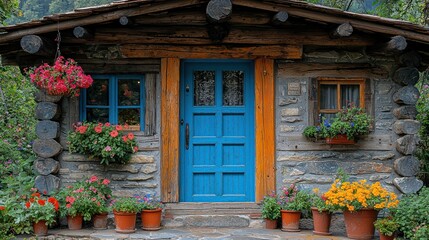 Charming Mountain Cabin with Vibrant Flowers and a Blue Door