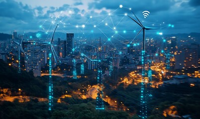 Obraz premium Smart city at night with wind turbines and power lines connected by a network.