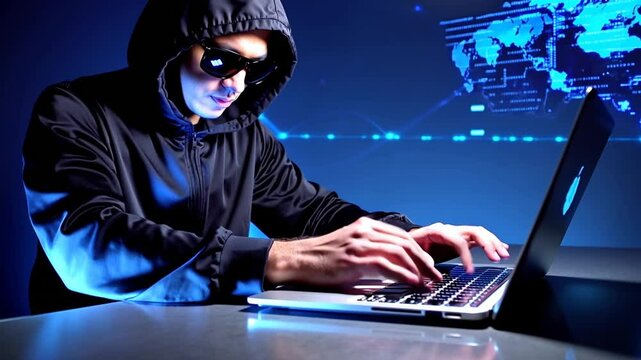 A mysterious hooded young man in sunglasses is working on a laptop in a dark room with a glowing digital world map displayed in the background, suggesting a cybersecurity or hacking scenario.