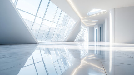 Obraz premium white abstract futuristic architecture building interior with big windows, daylight and tiled floor with reflections 3d render illustration