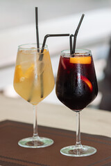 A glass of fresh delicious sangria on the table in the restaurant