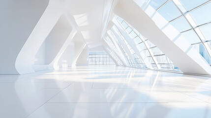Obraz premium white abstract futuristic architecture building interior with big windows, daylight and tiled floor with reflections 3d render illustration