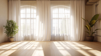 Obraz premium empty bright studio empty room with wood floor and white curtains and bright sun light 3d render illustration