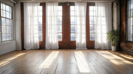 Obraz premium empty bright studio empty room with wood floor and white curtains and bright sun light 3d render illustration
