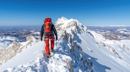 Climber ascends snowy mountain ridge, vast landscape view