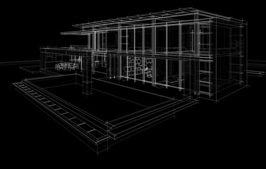 3D architectural wireframe of a modern house with large glass windows and open terrace. Ideal for architectural visualization, real estate concepts, and building design presentations.