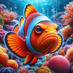 Angry clownfish in the ocean