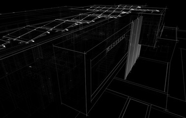 3D architectural wireframe of a modern house with large glass windows and open terrace. Ideal for architectural visualization, real estate concepts, and building design presentations.