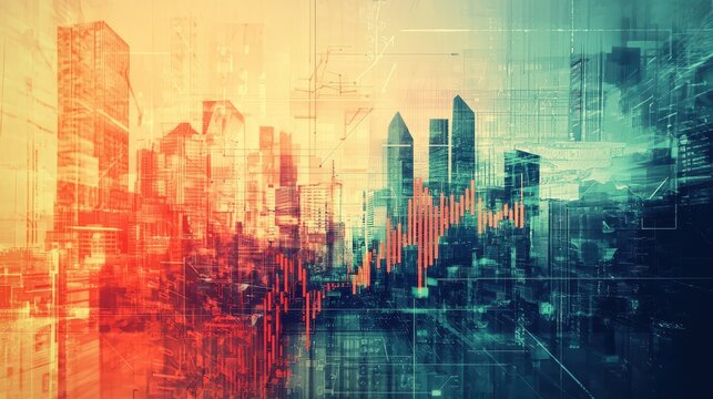 Abstract financial charts over urban skyline business environment digital art