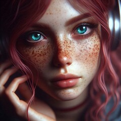 Pretty girl with red hair freckles and amazing green eyes