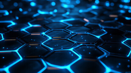 Obraz premium Abstract glowing hexagon honeycomb cells geometric background with blue lighting 3d render illustration
