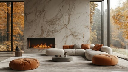 Modern Autumnal Living Room with Fireplace and Forest View
