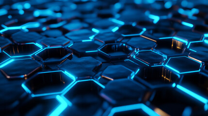 Obraz premium Abstract glowing hexagon honeycomb cells geometric background with blue lighting 3d render illustration