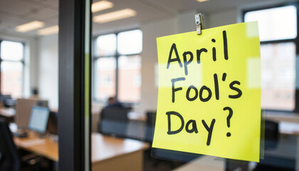 April Fool's Day sticky note reflection in office, playful surprise