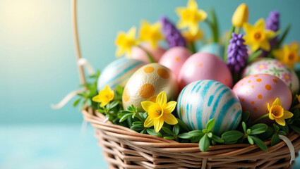 Colorful Easter basket filled with painted eggs and spring flowers celebrating the holiday spirit