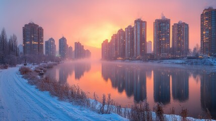 Obraz premium Winter Sunrise over City Skyline Reflected in Calm River