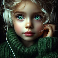 Blonde girl listening music in green wool sweater