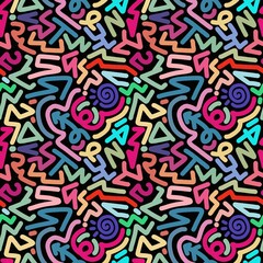 Obraz premium Seamless hand drawn doodle pattern in various colors such as blue, green, navy, yellow, pink and purple, red on a black background.