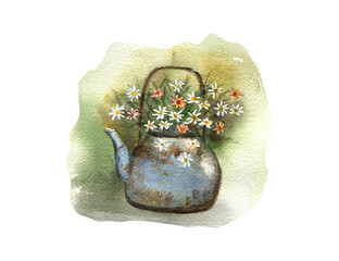 Vintage Teapot with Flowers Watercolor Illustration