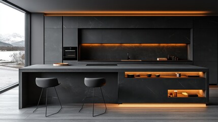 Modern Dark Kitchen with Lake View