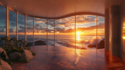 Fototapeta premium Modern panoramic corridor with ocean views at sunset 360 panorama vr environment map. 3D Illustration