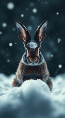 Rabbit in a snowy landscape with falling snowflakes during winter season