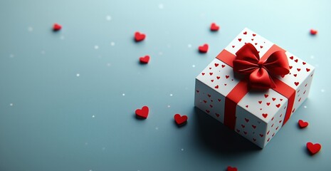 Beautiful gift box adorned with hearts and a red ribbon on a blue background