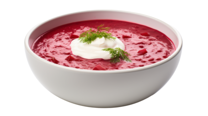 A bowl filled with bright red beet soup is displayed. Cream swirls on top, accompanied by fresh herbs, showcasing a delightful culinary presentation of comfort food