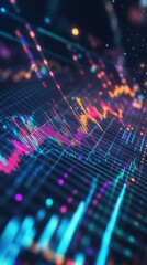Fototapeta premium Close-up of a holographic financial chart glowing with vibrant digital effects, futuristic depiction, isolated with a dark gradient background for clarity.