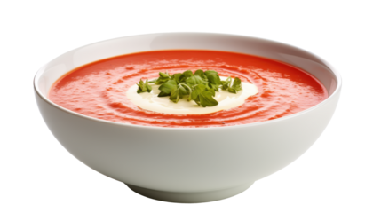 This creamy tomato soup features a smooth, vibrant red base, garnished with fresh herbs on top. It is elegantly presented in a sleek white bowl, perfect for a cozy meal