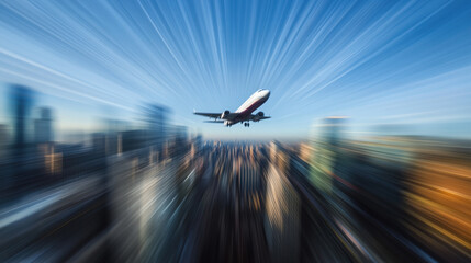 Airliner Flying Above a Cityscape with Blurred Skyscrapers and a Bright, Clear Blue Sky Stretching into the Distance