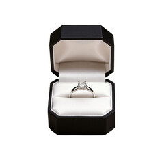 Solitaire diamond engagement ring in an open black jewelry box,isolated on a transparent background.