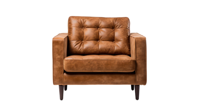 A stylish brown armchair featuring tufted details sits isolated on a plain white background, showcasing its clean lines and contemporary design suitable for any room