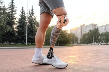 Male athlete with a prosthetic leg walking outdoors at sunset. Active man wearing sportswear and white sneakers, symbolizing strength and perseverance.

