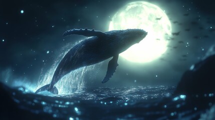 Humpback whale leaping gracefully out of the water, surrounded by glistening droplets and illuminated by the soft light of the moon