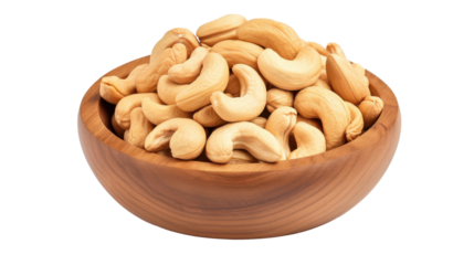 Cashew nuts are arranged in a beautifully crafted wooden bowl, showcasing their creamy texture and natural color against a bright white background. This presentation highlights their appeal