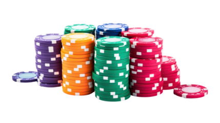 Multiple stacks of vibrant poker chips in various colors are neatly arranged, showcasing their texture and design. The arrangement invites a sense of fun and excitement, ideal for gaming enthusiasts